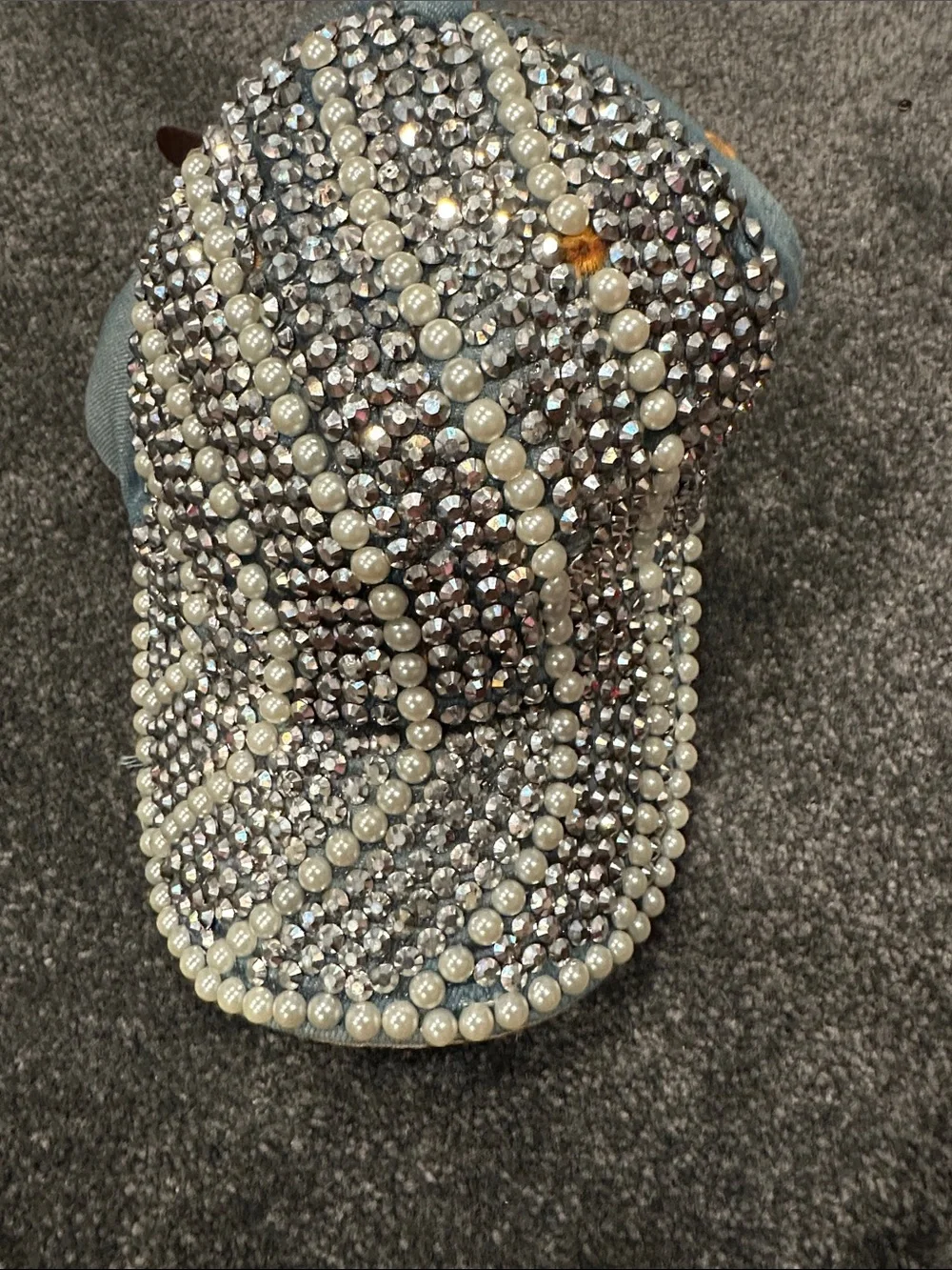 Rhinestone & Pearl Embellished Denim Baseball Cap - Light Blue